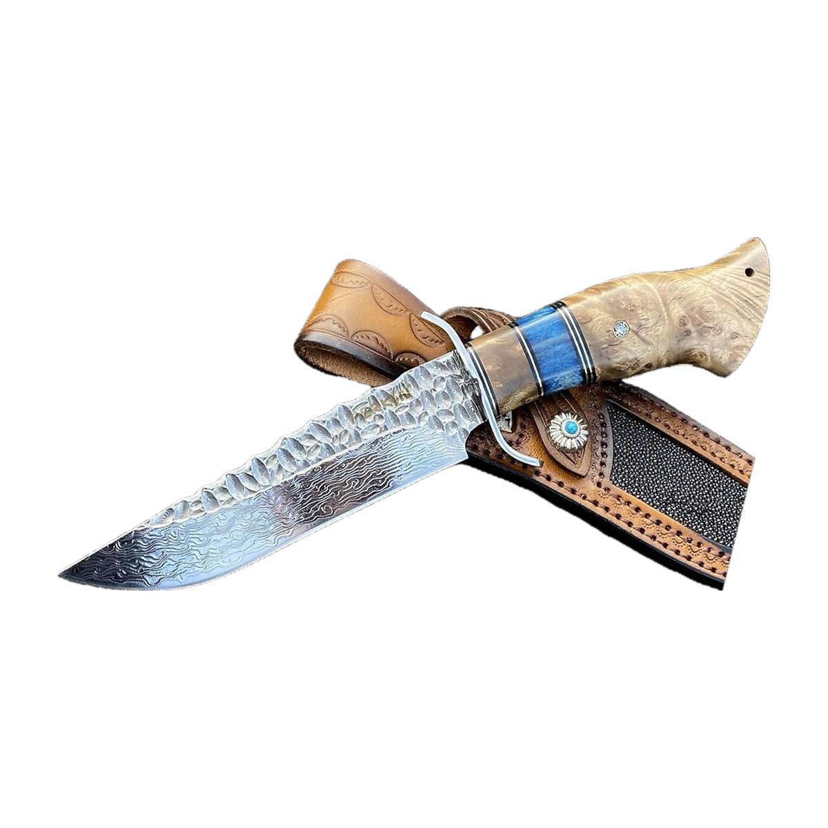 Damascus Burl Wood-Handle Outdoor Knife