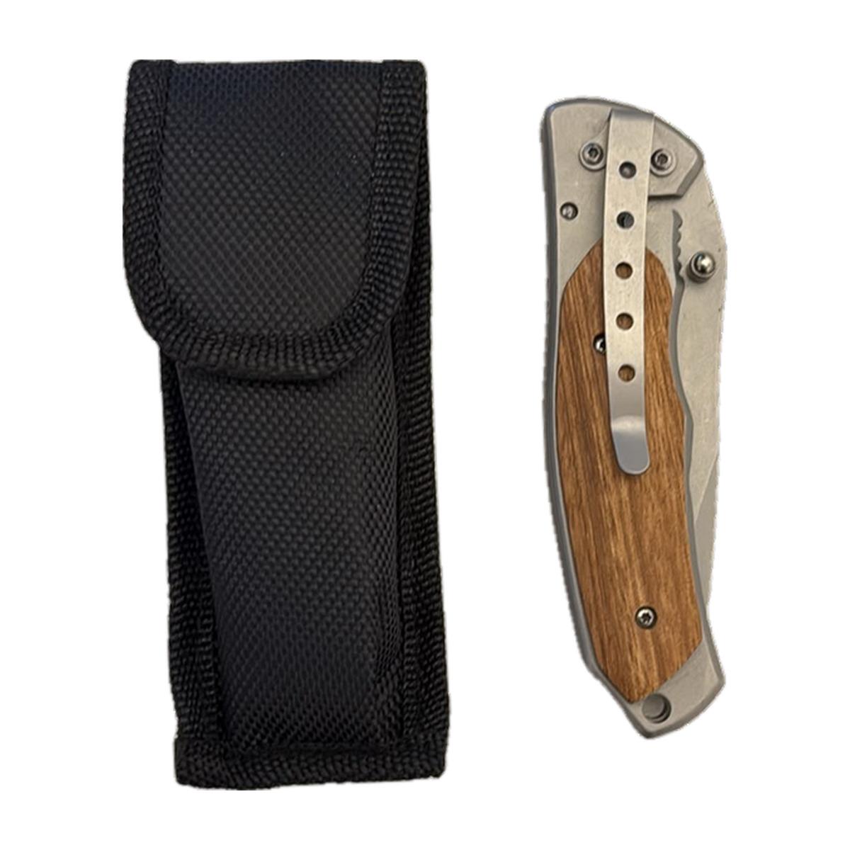 Wood-Handle Folding Knife (Serrated) with Pouch